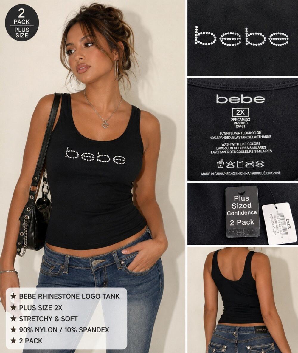 NWT Y2K Indie Sleaze Bebe Fitted Tank Top Plus Size 2X Black Rhinestone Logo 00s